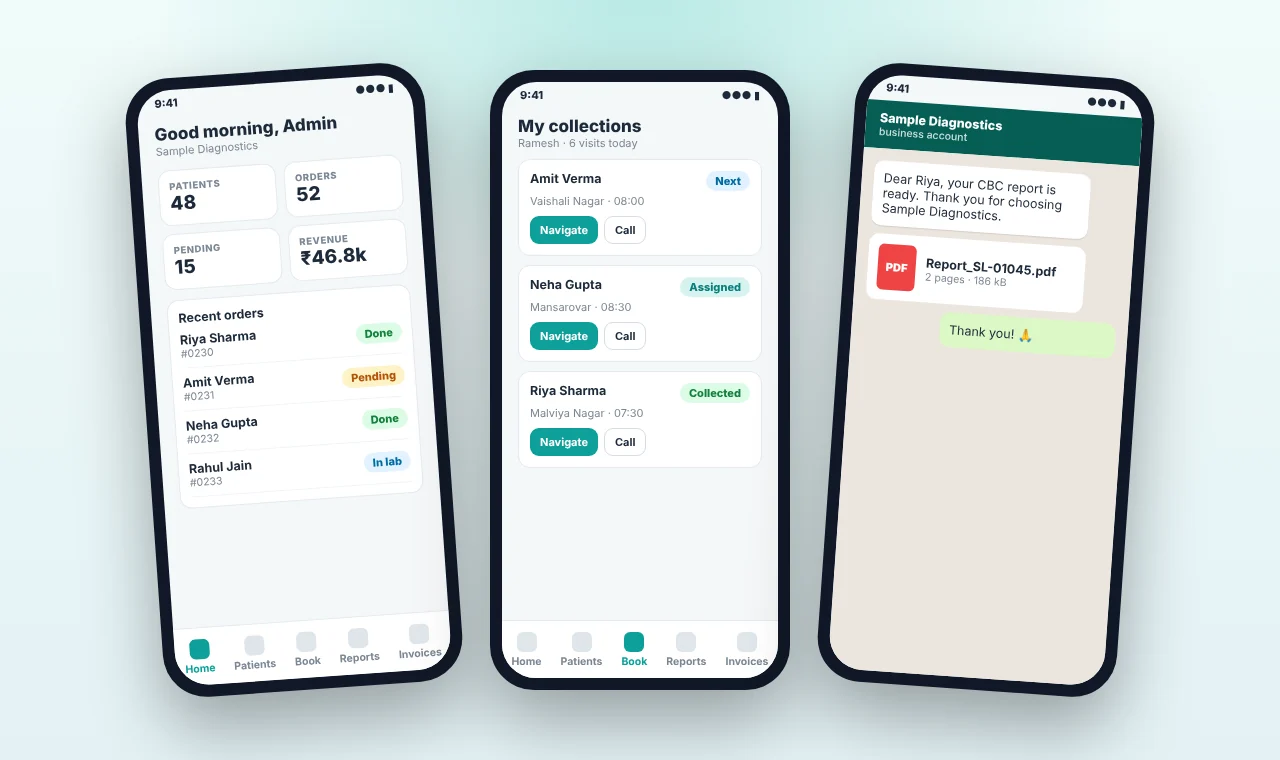 SmartLab Pro lab management mobile app: dashboard, home collection visits and WhatsApp report delivery