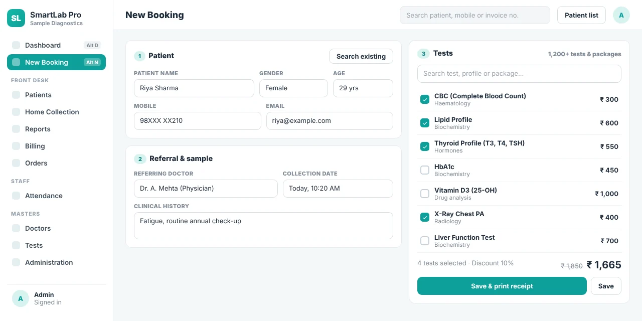 Booking a pathology test in SmartLab Pro with patient details, referring doctor and selected tests